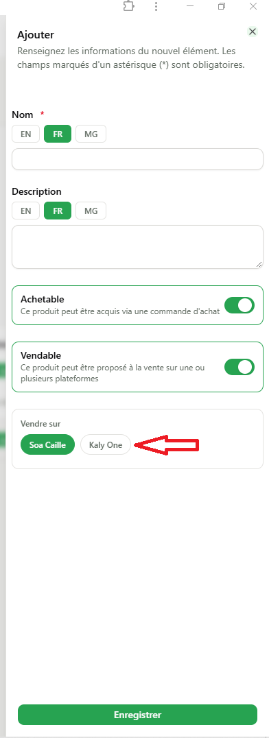 Configuration de la vente d’un produit