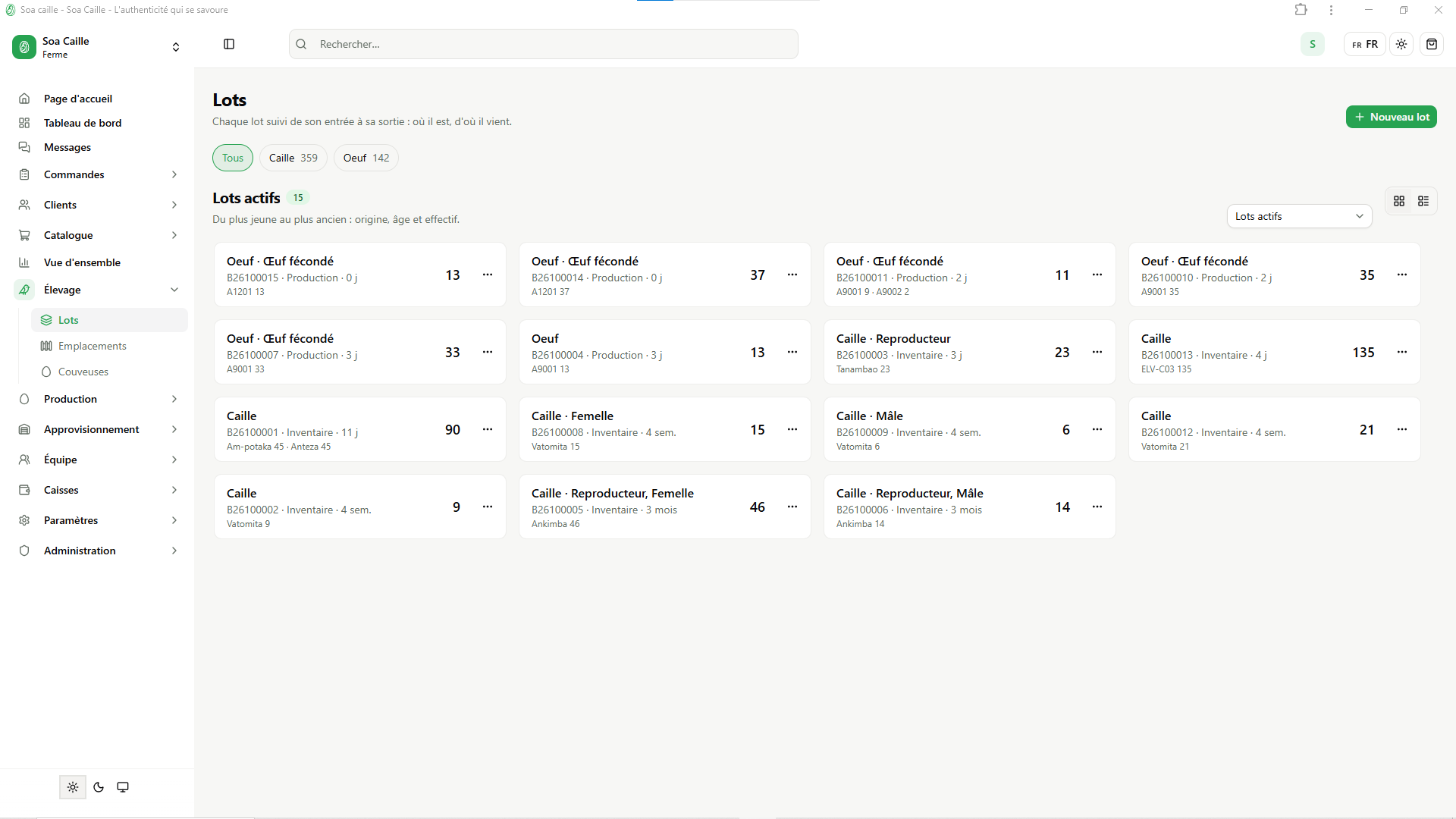 Interface des lots