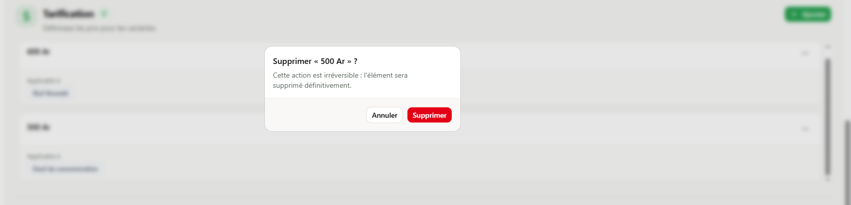 Section modifier tarif